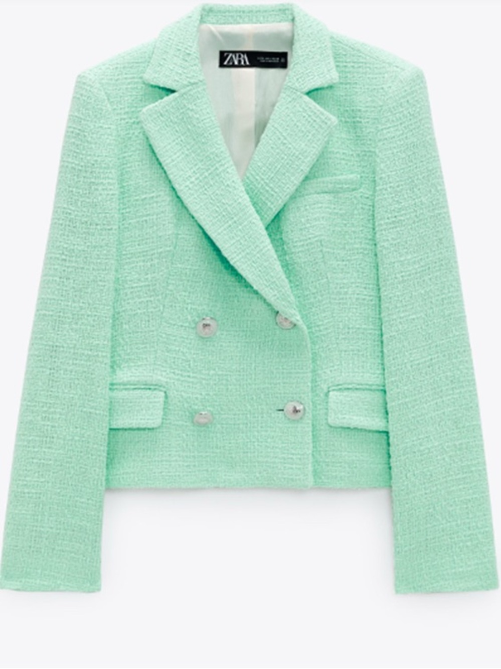 NWT ZARA Textured Tweed Cropped Double Breasted Blazer Jacket Sea Green S